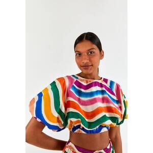 Farm Rio Dancing Stripes Puff Sleeve Crop Top
